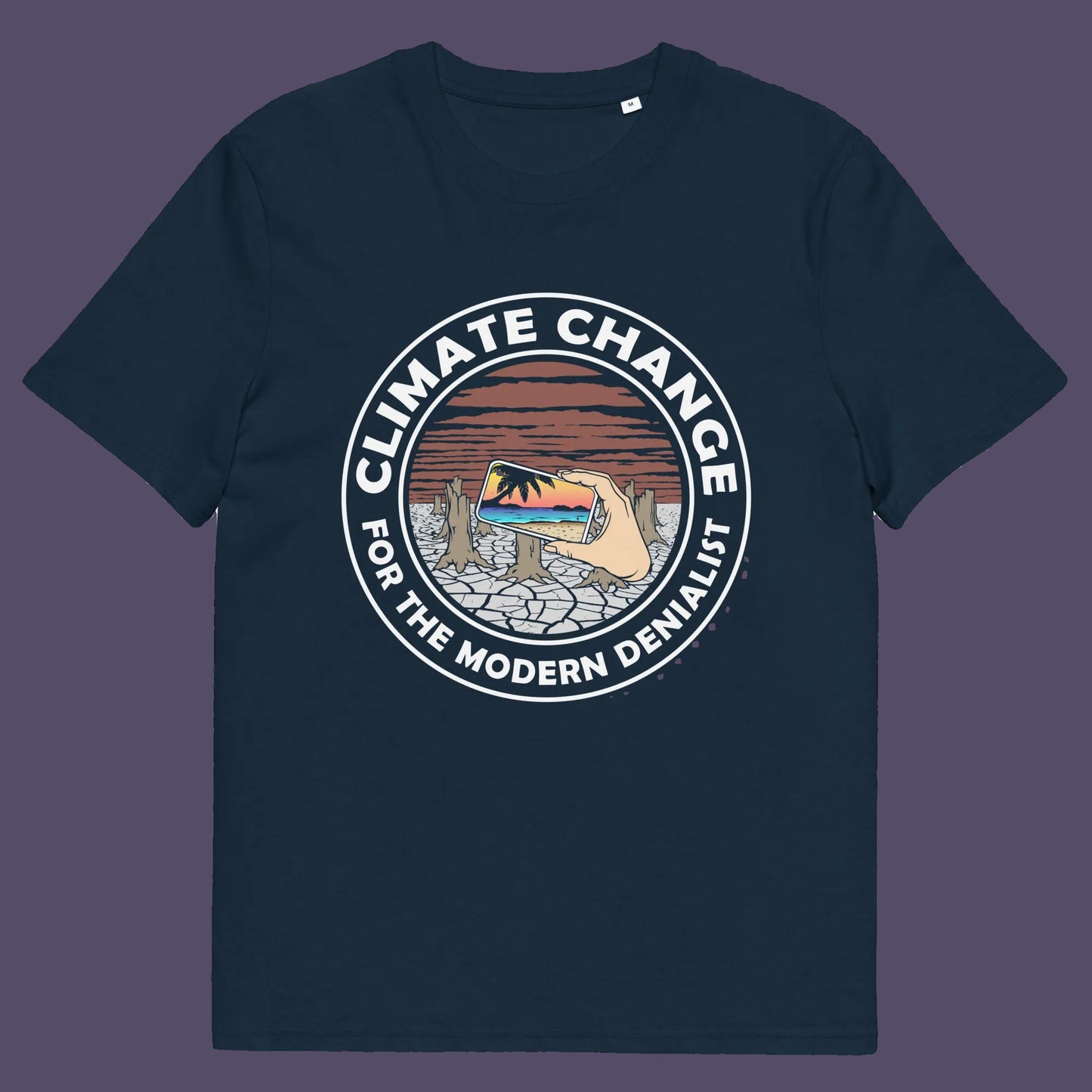 French navy t shirt. A satirical save the planet t-shirt exposing the denial still opposing a very serious issue. In this age of smart technology it's surprising there isn't an app that helps us ignore the environmental crisis. Satire at it's best. Made from 100% organic ring-spun cotton, this save the world t shirt is unisex, high-quality, super comfy, and best of all, eco-friendly.