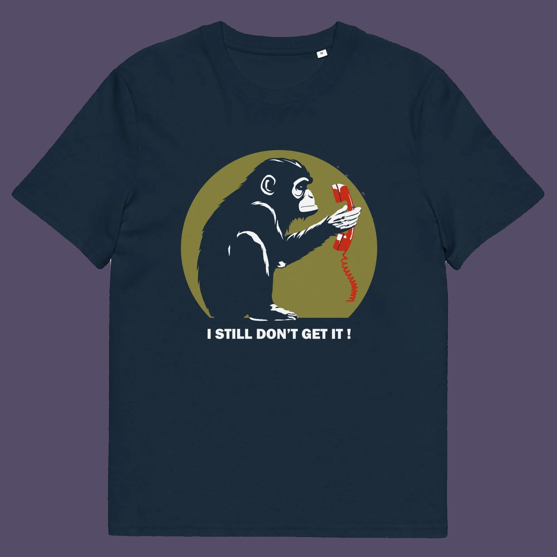 French navy t shirt. This anti smart phone abuse t-shirt design highlights the human obsession with smart phones and how strange it must look to an ape. An outsiders view of a world glued to mobile phones. Made from 100% organic ring-spun cotton, this anti mobile phone abuse t-shirt is unisex, high-quality, super comfy, and best of all, eco-friendly.