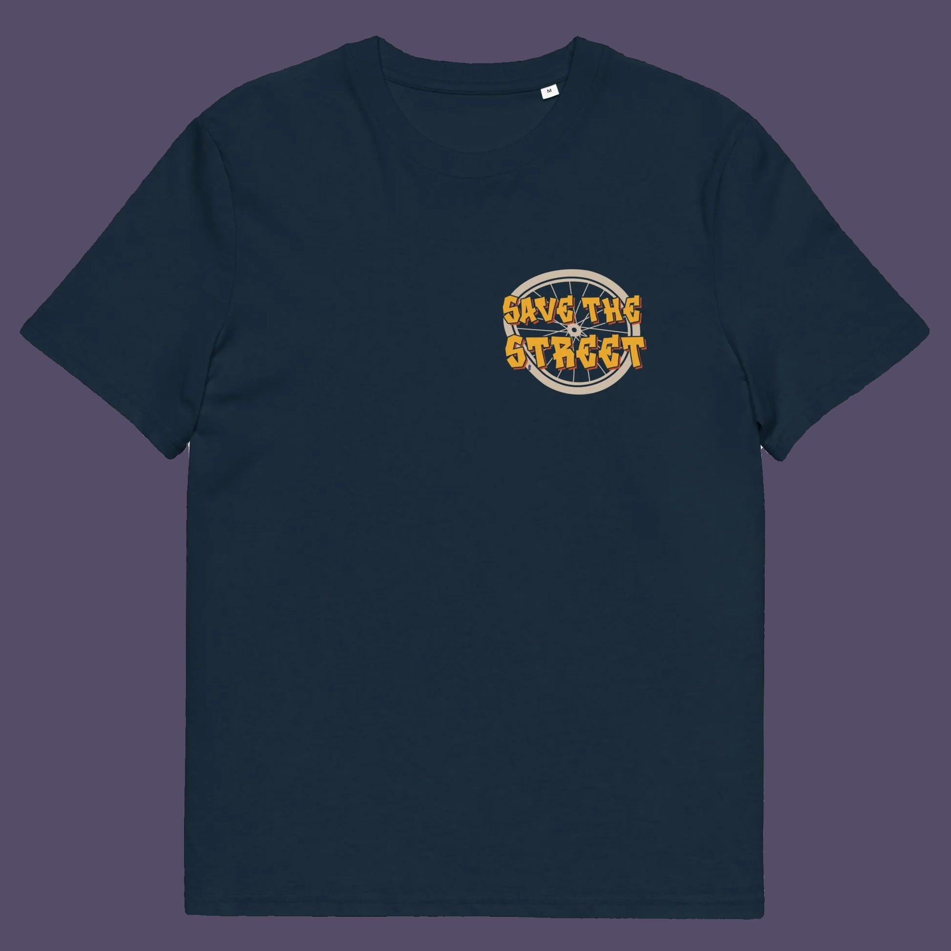 French navy t shirt front. A street art t shirt design paying homage to street life. As our society increasingly turns to an online based community it's worth giving a shout out to where the real community is based, on the streets! Let's keep them full of life. Made from 100% organic ring-spun cotton, these street art t shirts are unisex, high quality, super comfy, and best of all, eco-friendly.