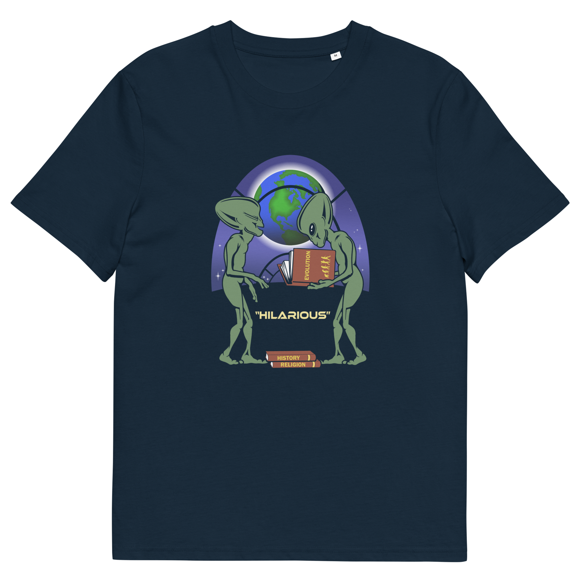 French navy t shirt. This funny alien t shirt suggest we are being lied to about our history and the aliens know the truth. A design for alien loving conspiracy theorists. Have the aliens had more influence in our lives than we are lead to believe ? Made from 100% organic ring-spun cotton, these cool sci fi t shirts are unisex, high-quality, super comfy, and best of all, eco-friendly.