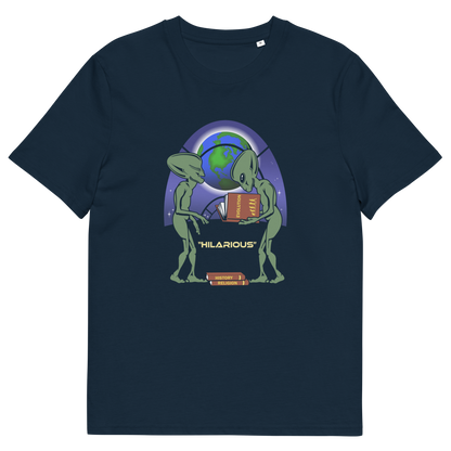 French navy t shirt. This funny alien t shirt suggest we are being lied to about our history and the aliens know the truth. A design for alien loving conspiracy theorists. Have the aliens had more influence in our lives than we are lead to believe ? Made from 100% organic ring-spun cotton, these cool sci fi t shirts are unisex, high-quality, super comfy, and best of all, eco-friendly.