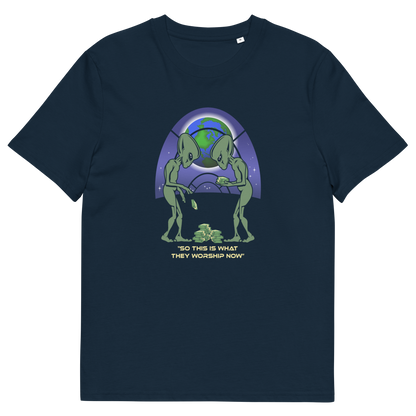 French navy t shirt. This funny sci fi t shirt is for alien lovers and anti capitalist, and depicts the disappointment of a civilisation now overly obsessed with money and greed. Is it any wonder the aliens have given up on us. Made from 100% organic ring-spun cotton, this anti capitalist t shirt is unisex, high-quality, super comfy, and best of all, eco-friendly.