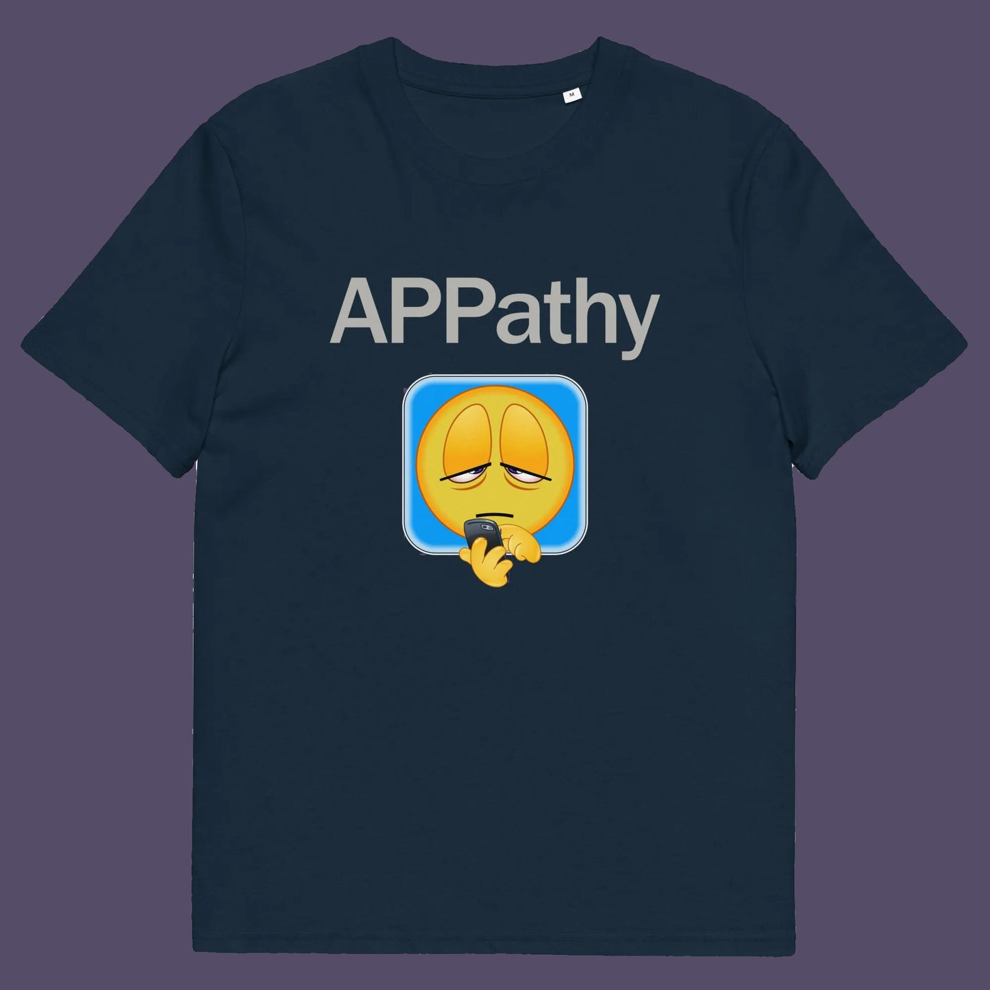 French navy t shirt. This anti mobile phone abuse t shirt promotes social awareness of the amount of apps we now need in modern society. This unique emoji t-shirt design is for everyone who doesn't feel they are a child of the mobile phone. Made from 100% organic ring-spun cotton, this anti smart phone abuse t shirt is unisex, high-quality, super comfy, and best of all, eco-friendly.