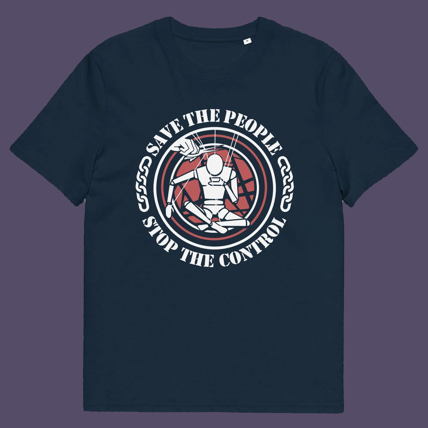 French navy t shirt. This civil rights t shirt carries an anti-dictatorship message and encourages independent thought and social awareness. A unique design promoting freedom of choice and a less controlling government. Made from 100% organic ring-spun cotton, this civil liberties t shirt is unisex, high-quality, super comfy, and best of all, eco-friendly.