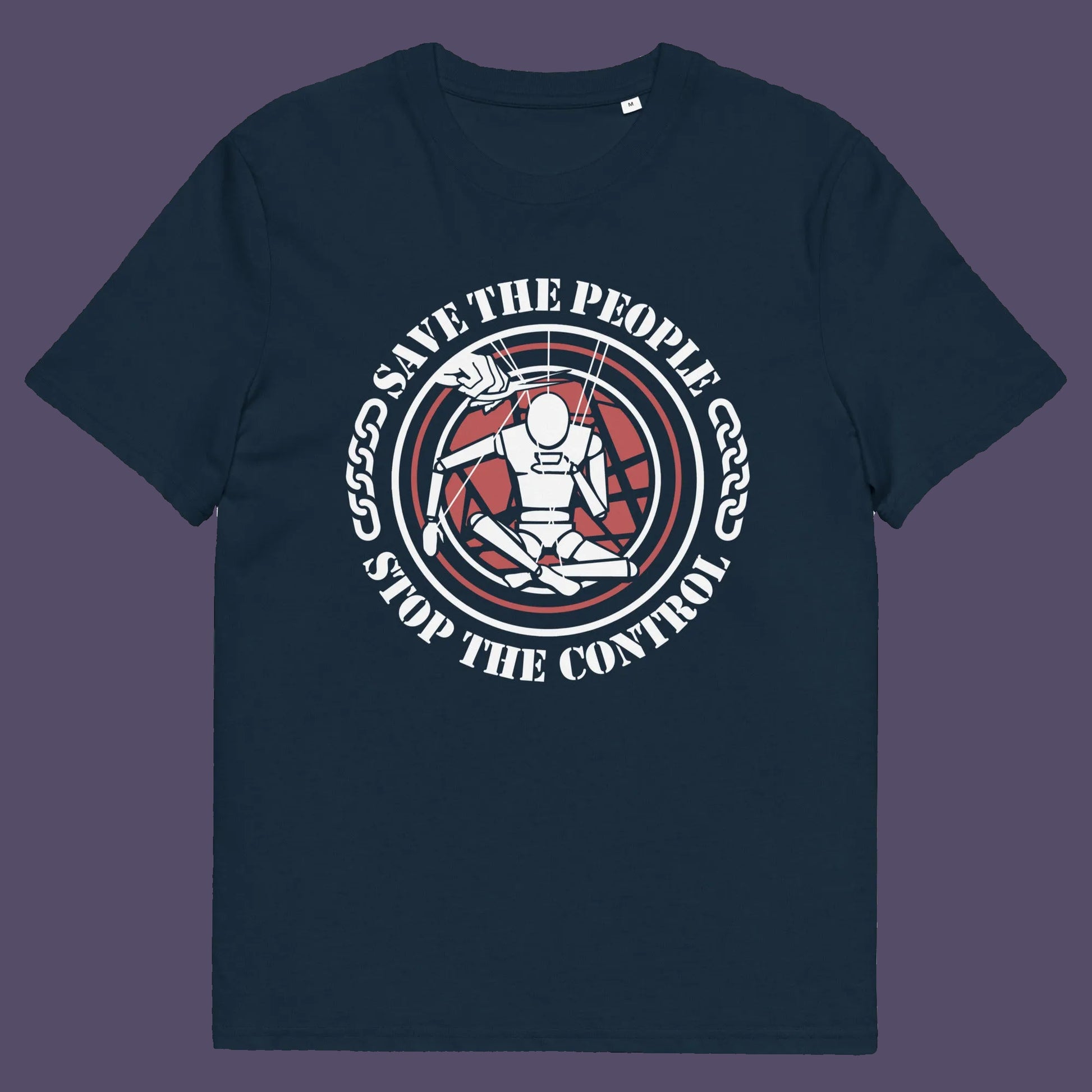French navy t shirt. This civil rights t shirt carries an anti-dictatorship message and encourages independent thought and social awareness. A unique design promoting freedom of choice and a less controlling government. Made from 100% organic ring-spun cotton, this civil liberties t shirt is unisex, high-quality, super comfy, and best of all, eco-friendly.
