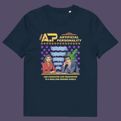 French navy t shirt. This anti ai t shirt design, in a comic book pop art style, warns against artificial intelligence taking over too many aspects of our lives. In an ever increasing dependency on artificial realities, just how far will it go ? Will our personalities be artificial one day ? Satirical and worrying, funny but scary. Made from 100% organic ring-spun cotton, this anti ai t shirt is unisex, high-quality, super comfy, and best of all, eco-friendly.