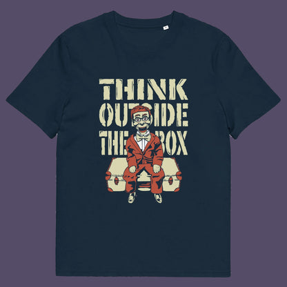 French navy t shirt A think outside the box t shirt to promote diversity of thought. Trust the ventriloquist dummy to know thinking outside the box is liberating and progressive. Promote independent and creative thinking with this unique urban art design. Made from 100% organic ring-spun cotton, this counter culture t shirt is unisex, high quality, super comfy, and best of all, eco-friendly.