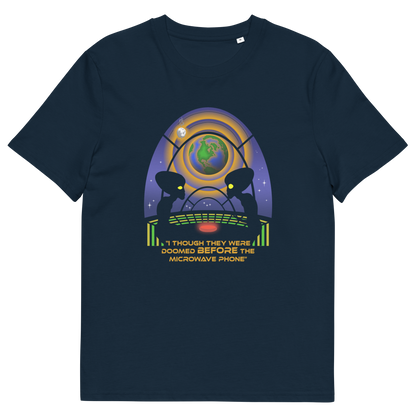 French navy t shirt. A funny alien t shirt satirically exposing the dangers of microwaves. We probably seem quite masochistic from an outsiders point of view and the aliens must wonder what we are doing in the name of progression. A global warming t shirt design for alien fans. Made from 100% organic ring-spun cotton, this cool sci fi t shirt is unisex, high-quality, super comfy, and best of all, eco-friendly.