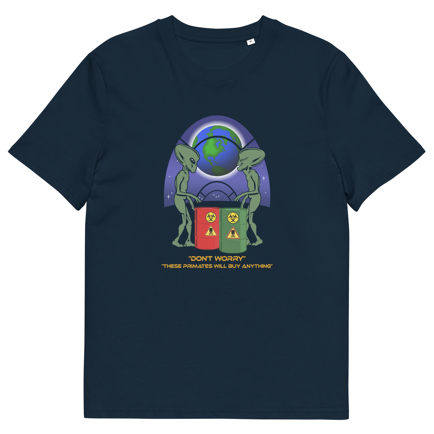 French navy t shirt. A funny alien t shirt design showing a humorous view of how aliens must see us. It's universally acknowledged that humans have an obsession with shopping and buying things they don't need. Made from 100% organic ring-spun cotton, these cool sci fi t shirts are unisex, high-quality, super comfy, and best of all, eco-friendly.