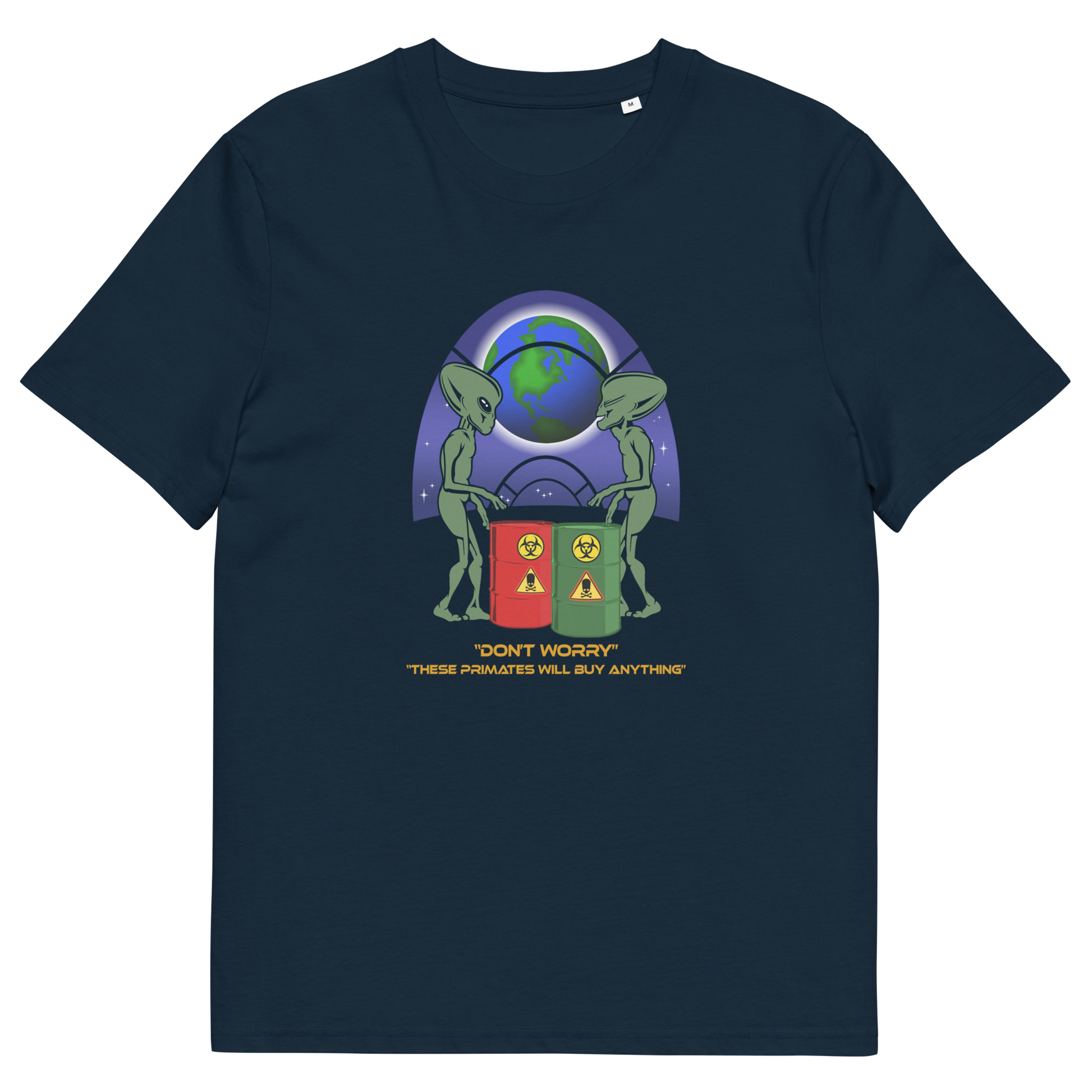 French navy t shirt. A funny alien t shirt design showing a humorous view of how aliens must see us. It's universally acknowledged that humans have an obsession with shopping and buying things they don't need. Made from 100% organic ring-spun cotton, these cool sci fi t shirts are unisex, high-quality, super comfy, and best of all, eco-friendly.