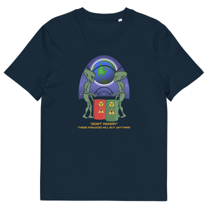 French navy t shirt. A funny alien t shirt design showing a humorous view of how aliens must see us. It's universally acknowledged that humans have an obsession with shopping and buying things they don't need. Made from 100% organic ring-spun cotton, these cool sci fi t shirts are unisex, high-quality, super comfy, and best of all, eco-friendly.