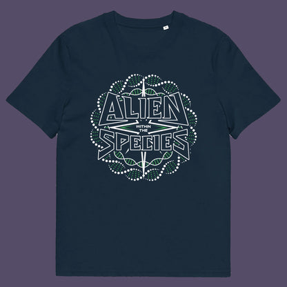French navy t shirt. This non conformist t shirt expands the use of the word 'Alien'. This design is ideal for everyone that feels they don't truly relate to the rest of humankind and modern society. Made from 100% organic ring-spun cotton, this counter culture t-shirt is unisex, high-quality, super comfy, and best of all, eco-friendly.