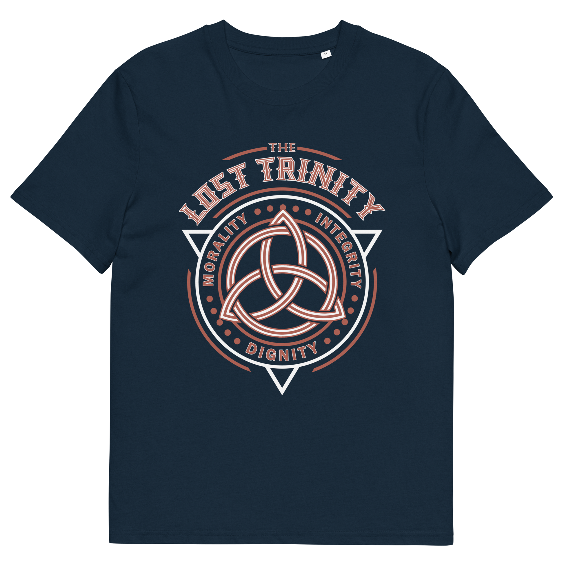 French navy t shirt. A broken society t shirt reflecting a sign of the times. This unique design represents the erosion of morality in modern society and the loss of ethical thinking. As people are dehumanised and money is worshipped, is integrity a thing of the past ? Show your defiance with this original 'Lost Trinity design. Made from 100% organic ring-spun cotton, this counter culture t shirt is unisex, high quality, super comfy, and best of all, eco-friendly.