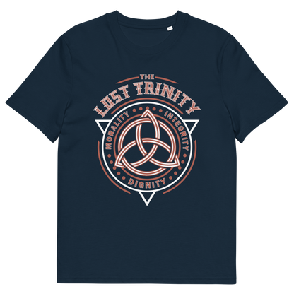 French navy t shirt. A broken society t shirt reflecting a sign of the times. This unique design represents the erosion of morality in modern society and the loss of ethical thinking. As people are dehumanised and money is worshipped, is integrity a thing of the past ? Show your defiance with this original 'Lost Trinity design. Made from 100% organic ring-spun cotton, this counter culture t shirt is unisex, high quality, super comfy, and best of all, eco-friendly.