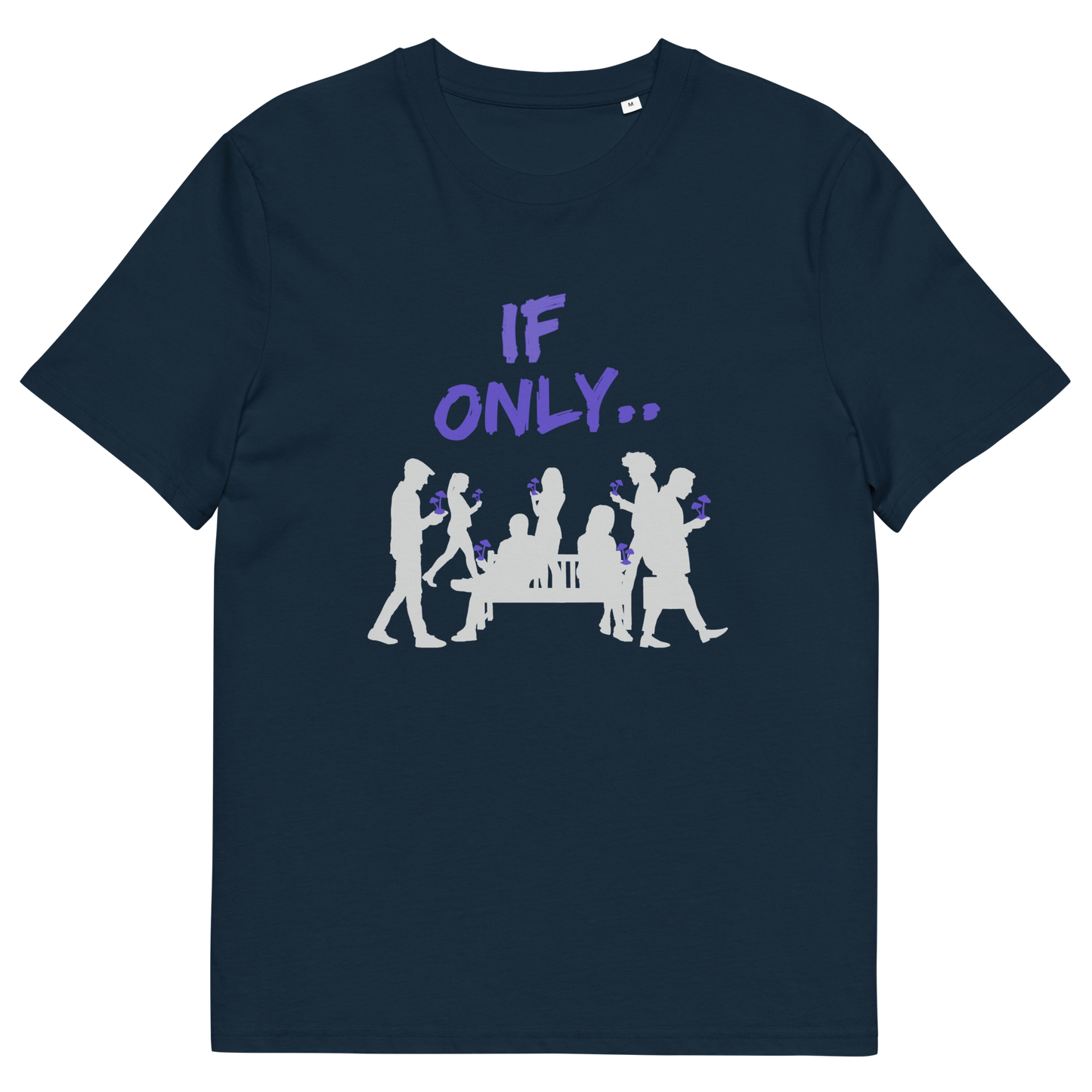 French navy t shirt. An anti mobile phone abuse t shirt in a stencil graffiti art design. Wouldn't it be a better world if people had something more mind expanding to be obsessed with other than a mobile phone. Made from 100% organic ring-spun cotton, this anti mobile phone abuse t shirt is unisex, high-quality, super comfy, and best of all, eco-friendly.