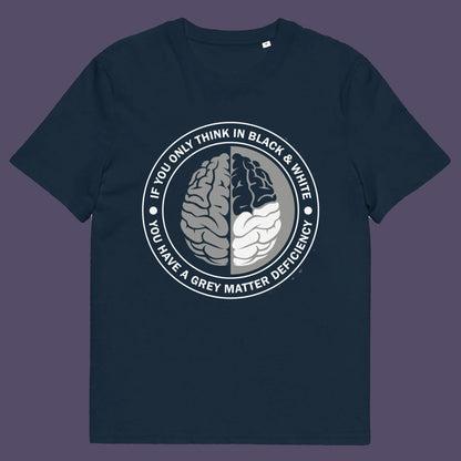 French navy t shirt. A stencil art t shirt design. It would be so easy if life was black and white, but it's the grey area where all the thinking and personal growth is done. A philosophy t shirt design for people who see the detail and can think outside the box. Made from 100% organic ring-spun cotton, this social awareness t shirt is unisex, high-quality, super comfy, and best of all, eco-friendly.