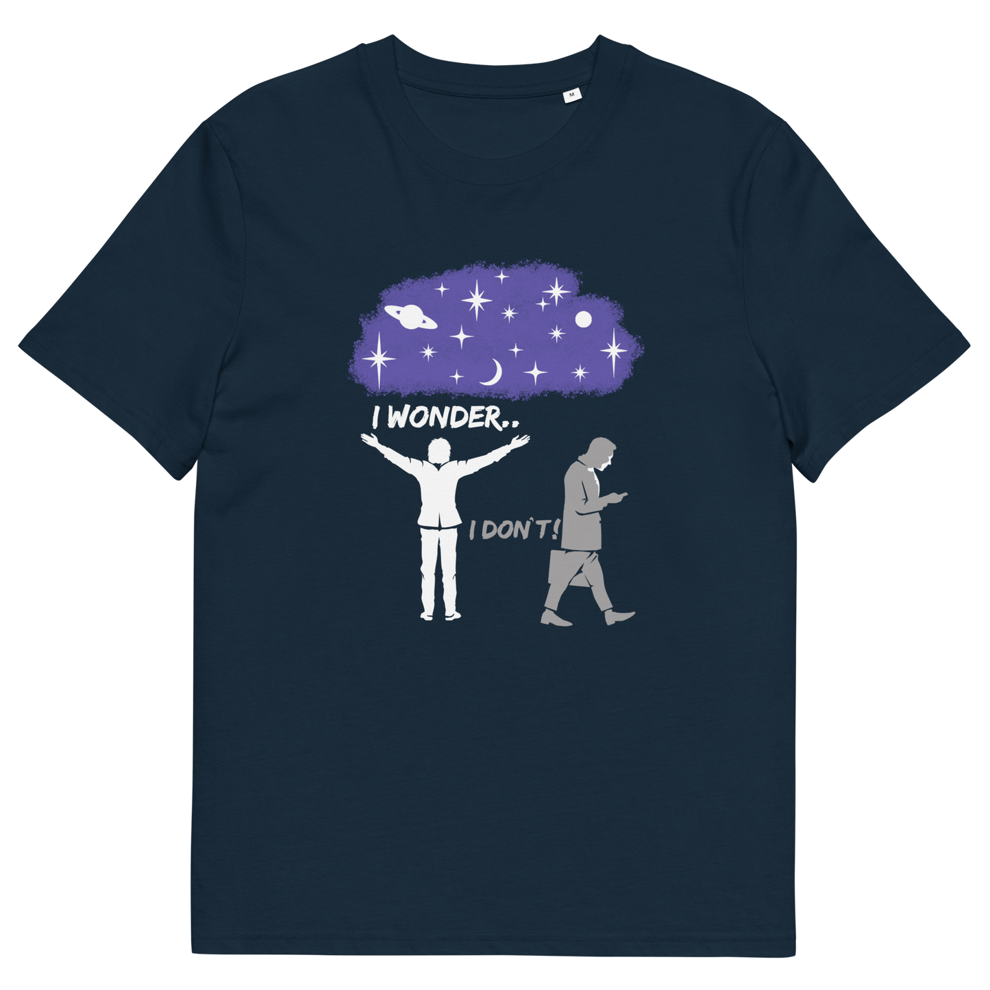 French navy t shirt. This anti mobile phone abuse t shirt light heartedly pokes fun at people who never look up from their phone. If you believe letting a machine do most of your thinking for you will dull your imagination, this satirical design is for you. Made from 100% organic ring-spun cotton, these anti mobile phone abuse t shirts are unisex, high quality, super comfy, and best of all, eco-friendly.