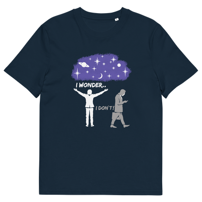 French navy t shirt. This anti mobile phone abuse t shirt light heartedly pokes fun at people who never look up from their phone. If you believe letting a machine do most of your thinking for you will dull your imagination, this satirical design is for you. Made from 100% organic ring-spun cotton, these anti mobile phone abuse t shirts are unisex, high quality, super comfy, and best of all, eco-friendly.