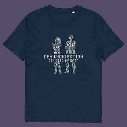 French navy t shirt. This broken society t shirt depicts the dehumanisation of the species by analysis and data collection. The more we view each other as statistics and numbers the further we move away from compassion and empathy. This design highlights the dark side of progression. Made from 100% organic ring-spun cotton, this dystopian t shirt is unisex, high-quality, super comfy, and best of all, eco-friendly.