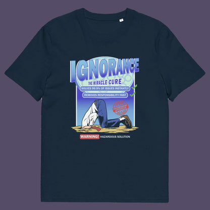 French navy t shirt. This broken society t shirt comes in the form of a cleaning solution. A very satirical and sarcastic view of how ignorance has become the number one reaction to most of the problems facing modern society. Burying your head in the sand has always been a very popular but hazardous solution. Made from 100% organic ring-spun cotton, these social issues t shirts are unisex, high quality, super comfy, and best of all, eco-friendly.