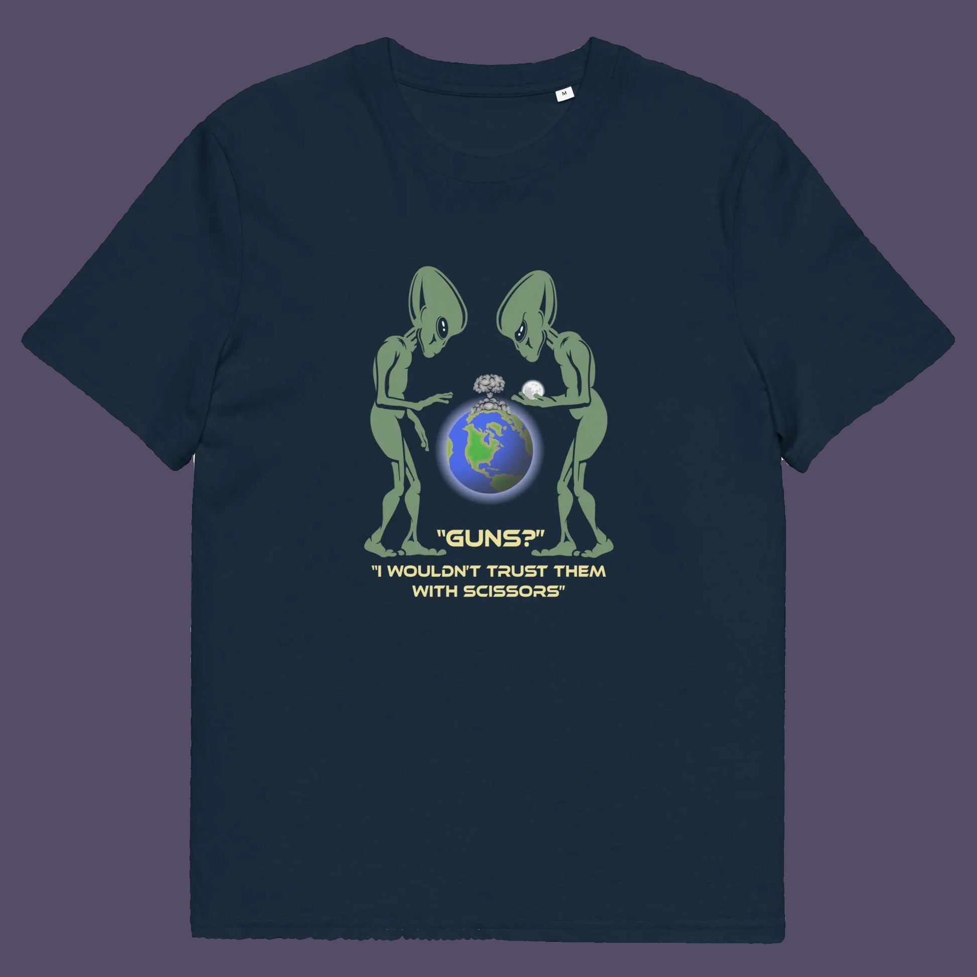 French navy t shirt. This funny alien t shirt highlights our over use of weaponry. With our lust for guns we must look out of control from an alien view point. No wonder they don't openly reveal themselves to us. Made from 100% organic ring-spun cotton, this counter culture t shirt is unisex, high-quality, super comfy, and best of all, eco-friendly.