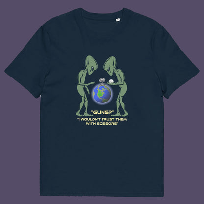 French navy t shirt. This funny alien t shirt highlights our over use of weaponry. With our lust for guns we must look out of control from an alien view point. No wonder they don't openly reveal themselves to us. Made from 100% organic ring-spun cotton, this counter culture t shirt is unisex, high-quality, super comfy, and best of all, eco-friendly.