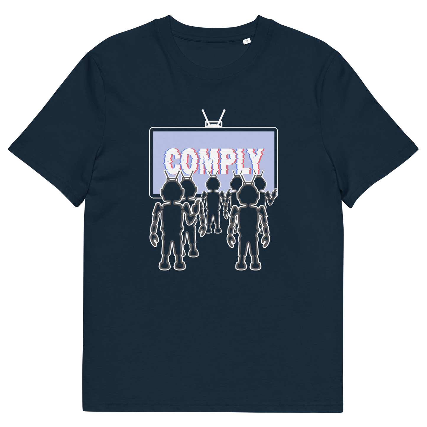 French navy t shirt. A non conformist t shirt portraying mistrust for the media. This satirical design highlights the television's role in modern day manipulation and mind control. With social media now being blamed for misinformation and gaslighting, the TV is the Godfather of brainwashing. Made from 100% organic ring-spun cotton, this counter culture t shirt is unisex, high quality, super comfy, and best of all, eco-friendly.
