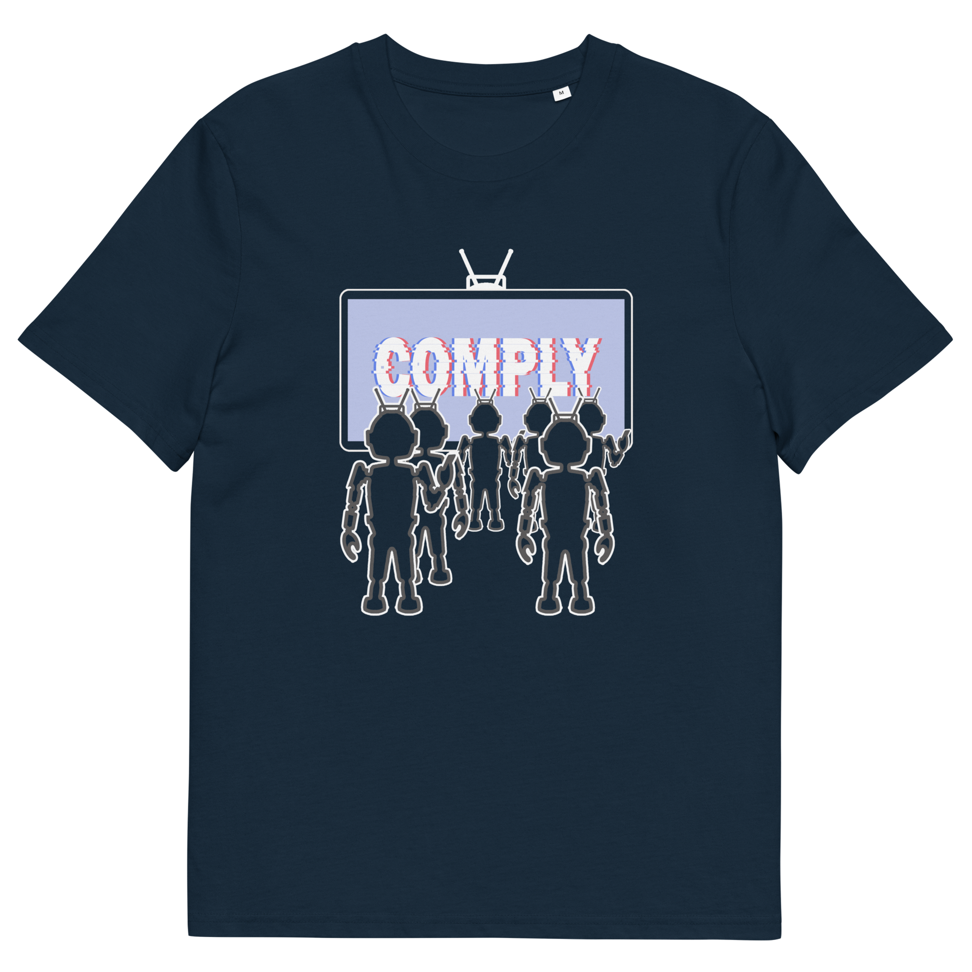 French navy t shirt. A non conformist t shirt portraying mistrust for the media. This satirical design highlights the television's role in modern day manipulation and mind control. With social media now being blamed for misinformation and gaslighting, the TV is the Godfather of brainwashing. Made from 100% organic ring-spun cotton, this counter culture t shirt is unisex, high quality, super comfy, and best of all, eco-friendly.
