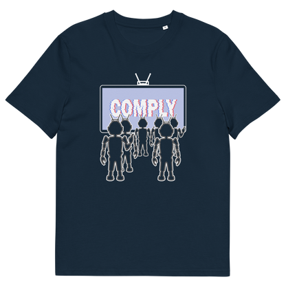 French navy t shirt. A non conformist t shirt portraying mistrust for the media. This satirical design highlights the television's role in modern day manipulation and mind control. With social media now being blamed for misinformation and gaslighting, the TV is the Godfather of brainwashing. Made from 100% organic ring-spun cotton, this counter culture t shirt is unisex, high quality, super comfy, and best of all, eco-friendly.
