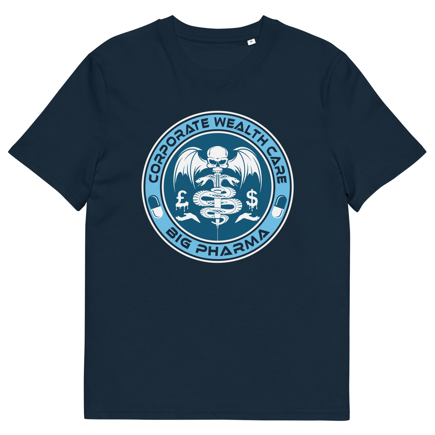 French navy t shirt. This anti drugs t shirt suggests our health is not more important than money. A very satirical view questioning the effects of capitalism on the health care pharmaceutical industry. If you think it's corporate wealth care over public health care, help create social awareness with this anti drugs design, Made from 100% organic ring-spun cotton, this counter culture t shirt is unisex, high quality, super comfy, and best of all, eco-friendly.