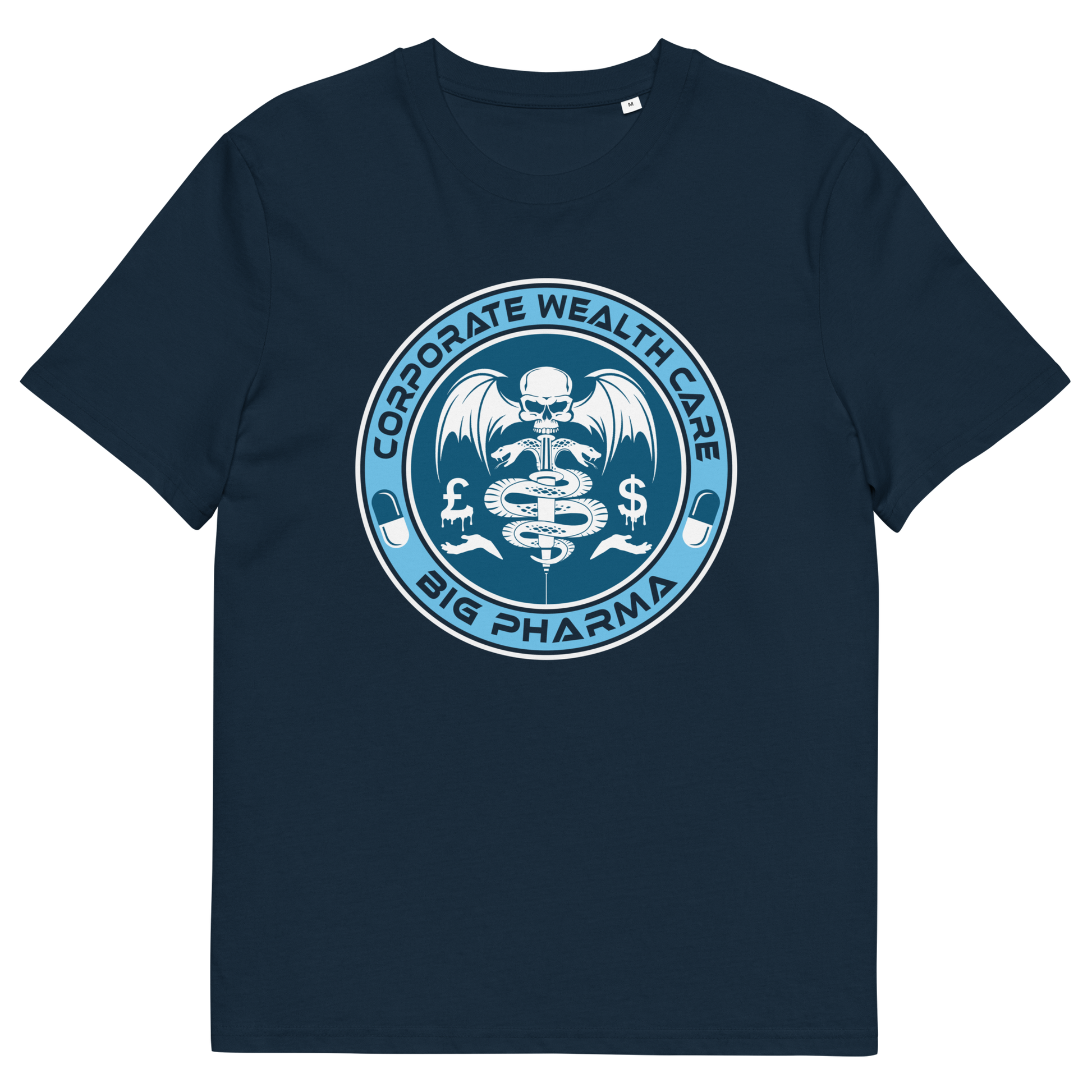 French navy t shirt. This anti drugs t shirt suggests our health is not more important than money. A very satirical view questioning the effects of capitalism on the health care pharmaceutical industry. If you think it's corporate wealth care over public health care, help create social awareness with this anti drugs design, Made from 100% organic ring-spun cotton, this counter culture t shirt is unisex, high quality, super comfy, and best of all, eco-friendly.