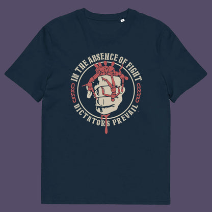 French navy t shirt. This social issues t shirt plays on the saying 'In the absence of light, darkness prevails' with a political message encouraging people to put their apathy and denial aside and fight for their rights before they are taken advantage of. Made from 100% organic ring-spun cotton, this human rights t shirt is unisex, high-quality, super comfy, and best of all, eco-friendly.