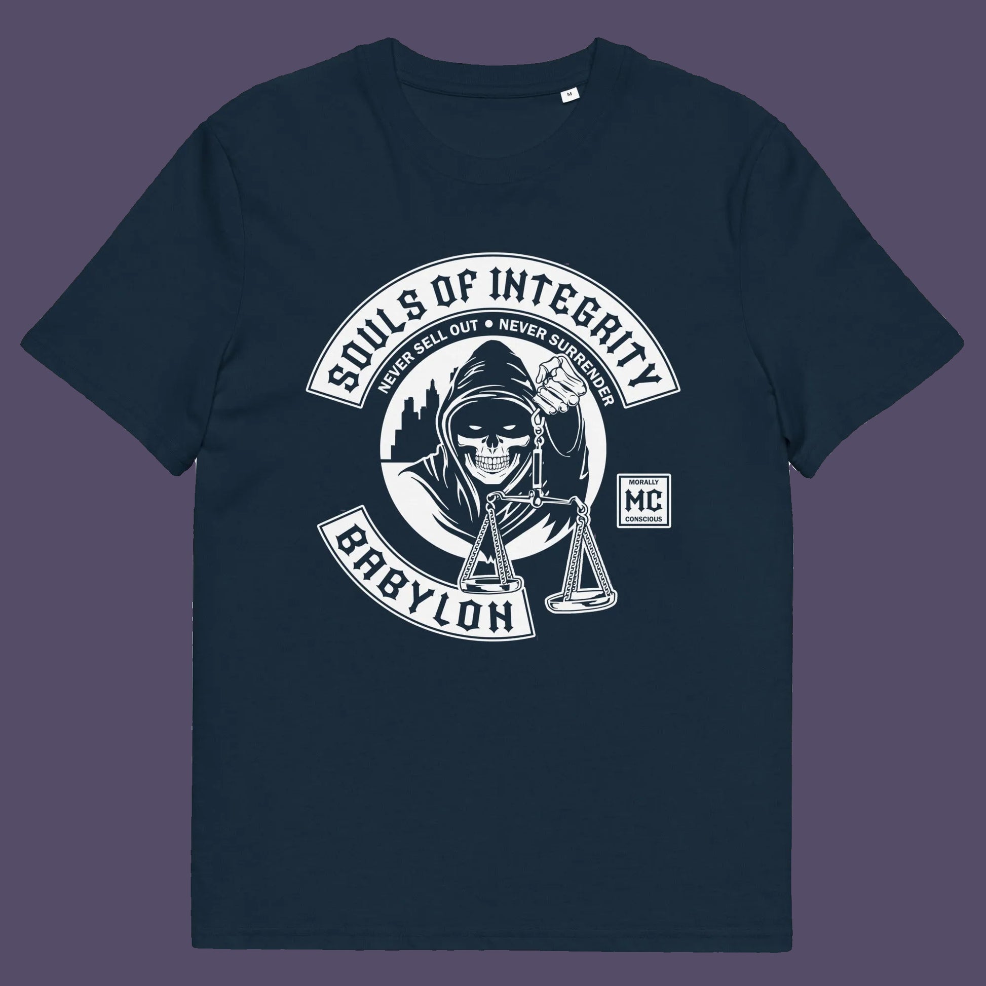 French navy t shirt. A social awareness t shirt promoting ethics and morality. A spoof motorcycle club design for people who still have integrity. This design satirically representing how few people are left with a moral conscience in a corrupt world, or as the Rastafarians call it, BABYLON. Made from 100% organic ring-spun cotton, these social issues t shirts are unisex, high-quality, super comfy, and best of all, eco-friendly.
