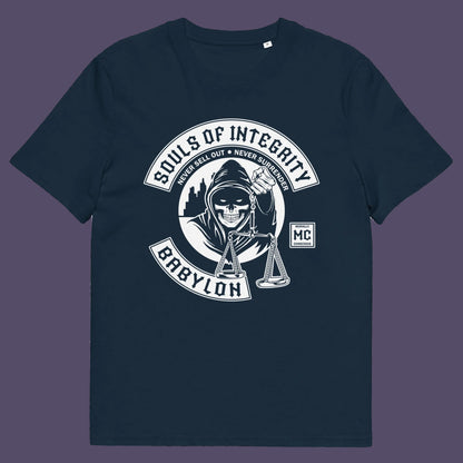 French navy t shirt. A social awareness t shirt promoting ethics and morality. A spoof motorcycle club design for people who still have integrity. This design satirically representing how few people are left with a moral conscience in a corrupt world, or as the Rastafarians call it, BABYLON. Made from 100% organic ring-spun cotton, these social issues t shirts are unisex, high-quality, super comfy, and best of all, eco-friendly.
