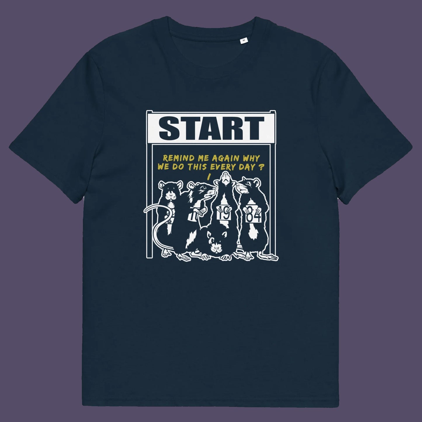 French navy t shirt. This stencil graffiti t shirt represents the monotony of everyday working life. A unique satirical design for those times when life starts to feel a little repetitive, unnecessary, and questionable. Made from 100% organic ring-spun cotton, this urban art t shirt is unisex, high-quality, super comfy, and best of all, eco-friendly.