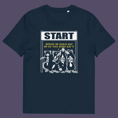 French navy t shirt. This stencil graffiti t shirt represents the monotony of everyday working life. A unique satirical design for those times when life starts to feel a little repetitive, unnecessary, and questionable. Made from 100% organic ring-spun cotton, this urban art t shirt is unisex, high-quality, super comfy, and best of all, eco-friendly.