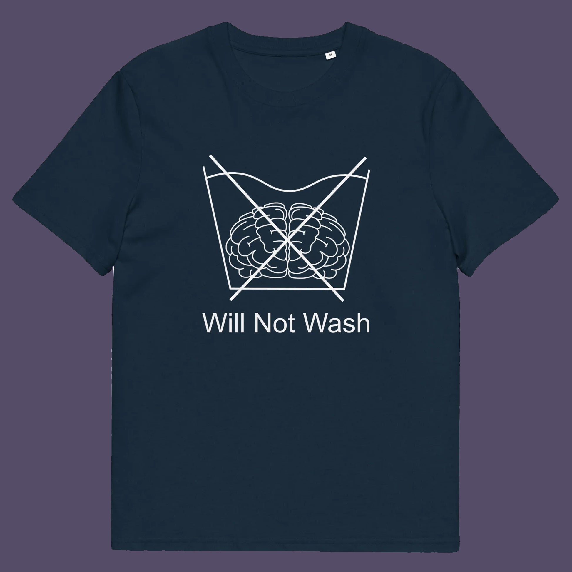 French navy t shirt. A self worth t shirt promoting a strong mind and a resistance to brainwashing. this unique anti-establishment t-shirt design is a play on washing instructions and highlights the mass influence and indoctrination in modern society. Made from 100% organic ring-spun cotton, this clever slogan t shirt is unisex, high-quality, super comfy, and best of all, eco-friendly.