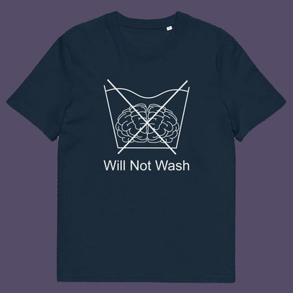 French navy t shirt. A self worth t shirt promoting a strong mind and a resistance to brainwashing. this unique anti-establishment t-shirt design is a play on washing instructions and highlights the mass influence and indoctrination in modern society. Made from 100% organic ring-spun cotton, this clever slogan t shirt is unisex, high-quality, super comfy, and best of all, eco-friendly.