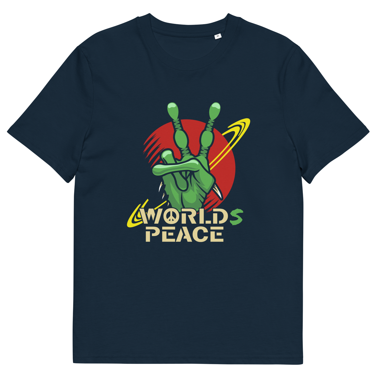 French navy t shirt. A world peace t shirt with an alien lovers twist. When we think of world peace lets not be selfish about it., lets include all Worlds. Made from 100% organic ring-spun cotton, this funny alien t shirt is unisex, high-quality, super comfy, and best of all, eco-friendly.