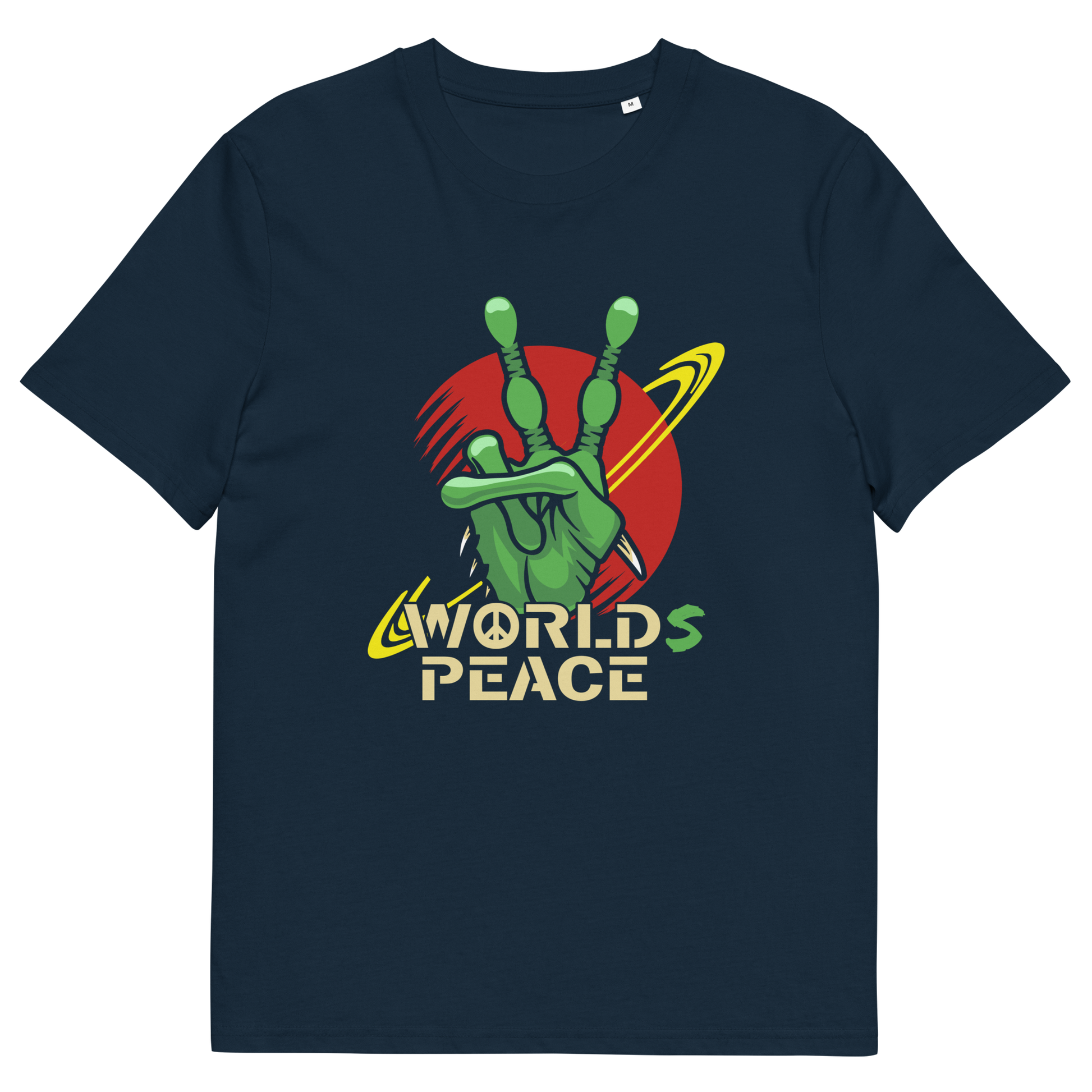 French navy t shirt. A world peace t shirt with an alien lovers twist. When we think of world peace lets not be selfish about it., lets include all Worlds. Made from 100% organic ring-spun cotton, this funny alien t shirt is unisex, high-quality, super comfy, and best of all, eco-friendly.