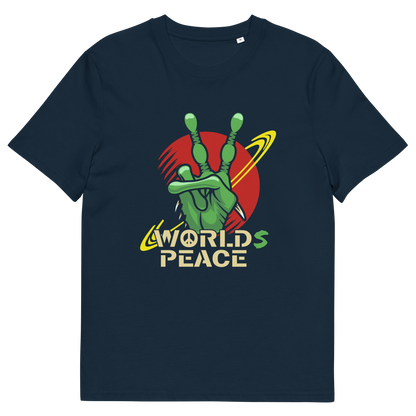 French navy t shirt. A world peace t shirt with an alien lovers twist. When we think of world peace lets not be selfish about it., lets include all Worlds. Made from 100% organic ring-spun cotton, this funny alien t shirt is unisex, high-quality, super comfy, and best of all, eco-friendly.