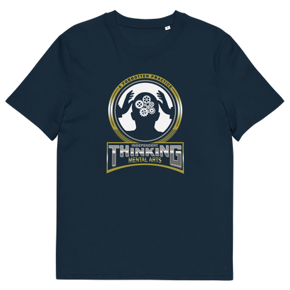 French navy t shirt. A sign of the times t shirt suggesting independent thinking is a forgotten art since we let machines think for us. Promote independent thinking with this some what sarcastic t-shirt. Made from 100% organic ring-spun cotton, this urban art t shirt is unisex, high-quality, super comfy, and best of all, eco-friendly.