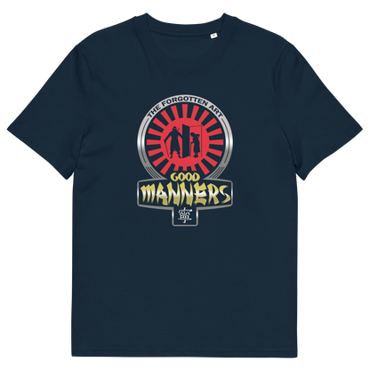 French navy t shirt. A sign of the times t shirt design suggesting that good manners are dying out. A dig at modern social awareness and lack of politeness. Made from 100% organic ring-spun cotton, this social awareness t shirt is unisex, high-quality, super comfy, and best of all, eco-friendly.