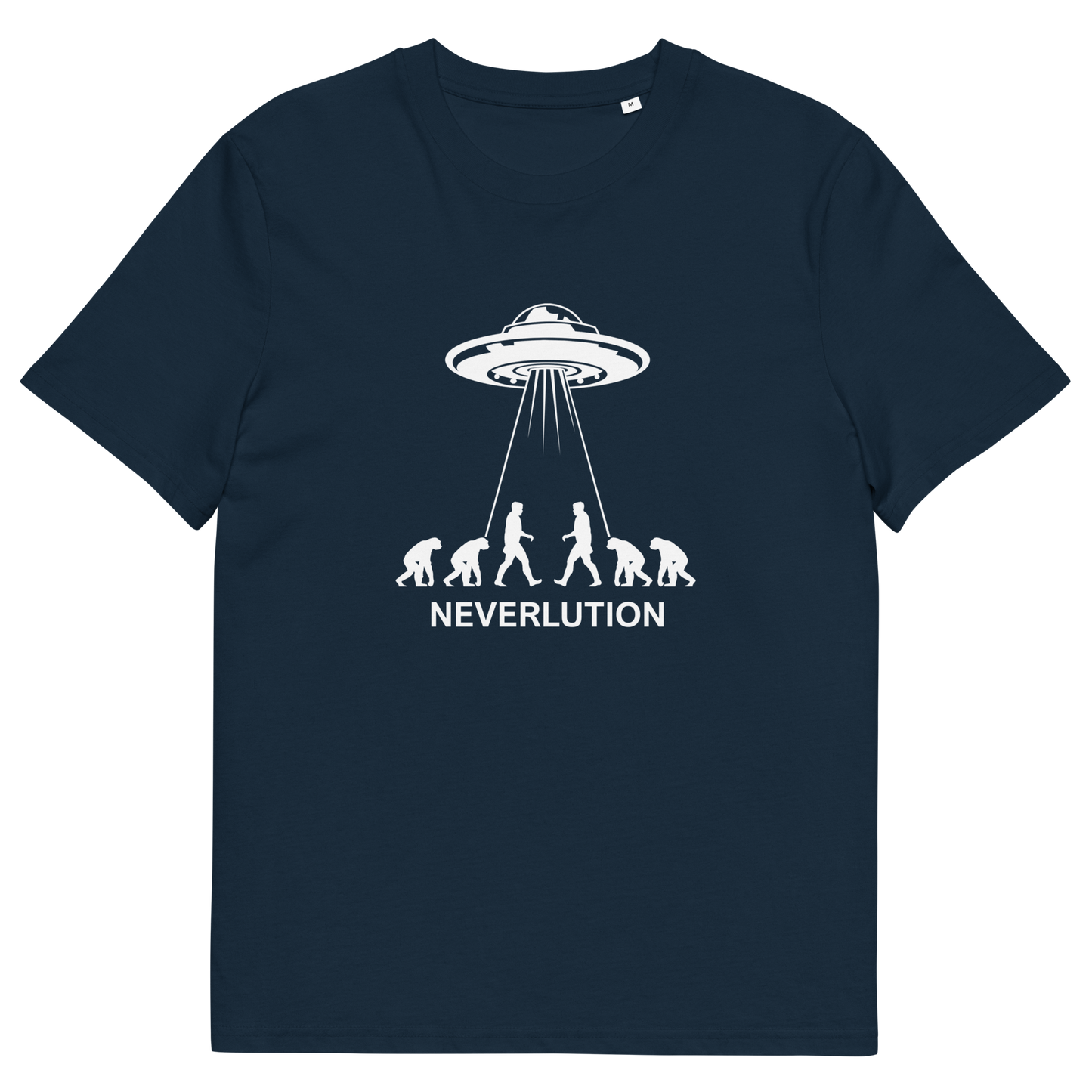 French navy t shirt. An alien conspiracy theory t-shirt suggesting a different path of our evolution. Did evolution never really happen the way we are told, or is there a more intergalactic and colourful answer ? Made from 100% organic ring-spun cotton, this conspiracy theory t-shirt is unisex, high-quality, super comfy, and best of all, eco-friendly.