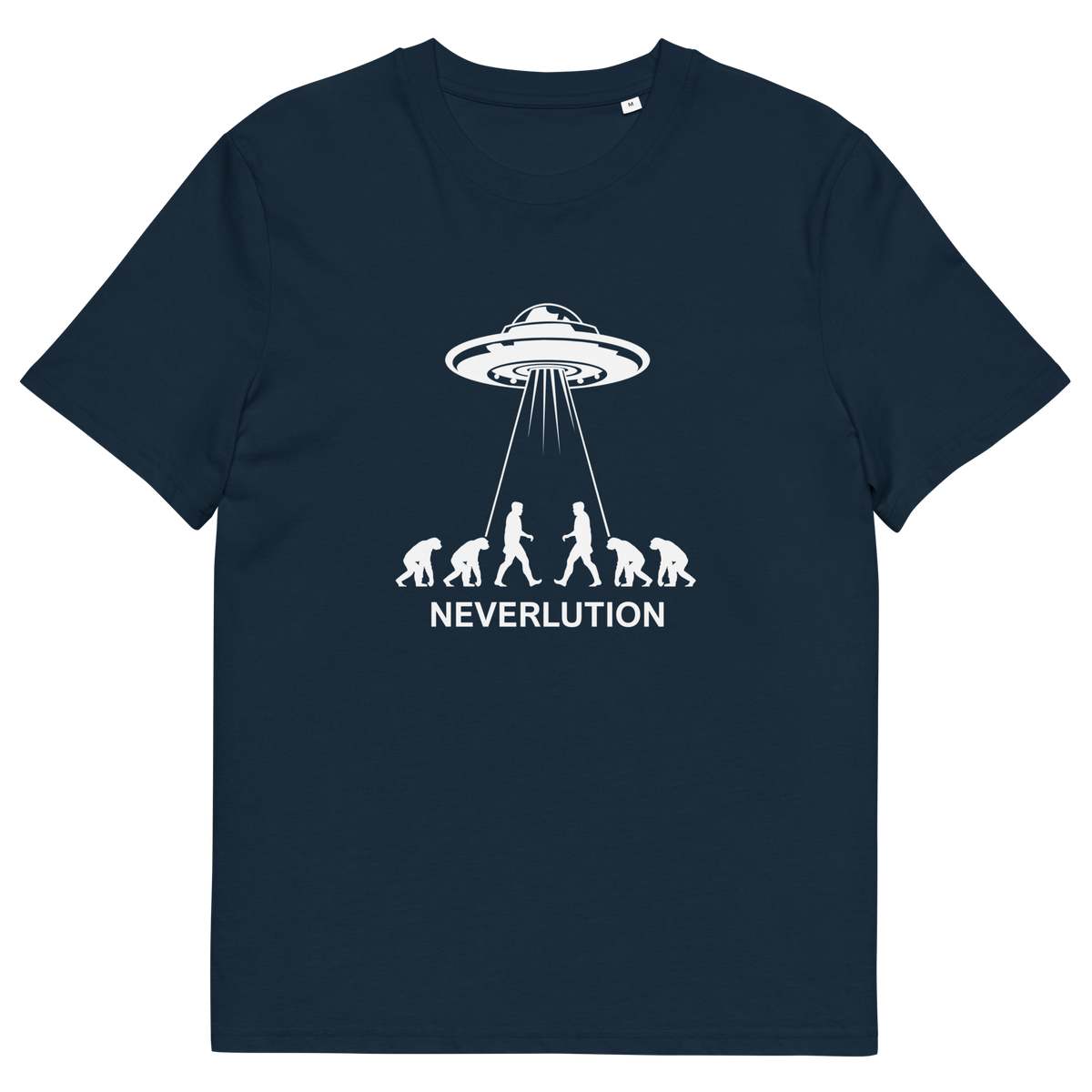 French navy t shirt. An alien conspiracy theory t-shirt suggesting a different path of our evolution. Did evolution never really happen the way we are told, or is there a more intergalactic and colourful answer ? Made from 100% organic ring-spun cotton, this conspiracy theory t-shirt is unisex, high-quality, super comfy, and best of all, eco-friendly.