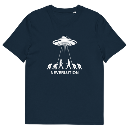 French navy t shirt. An alien conspiracy theory t-shirt suggesting a different path of our evolution. Did evolution never really happen the way we are told, or is there a more intergalactic and colourful answer ? Made from 100% organic ring-spun cotton, this conspiracy theory t-shirt is unisex, high-quality, super comfy, and best of all, eco-friendly.