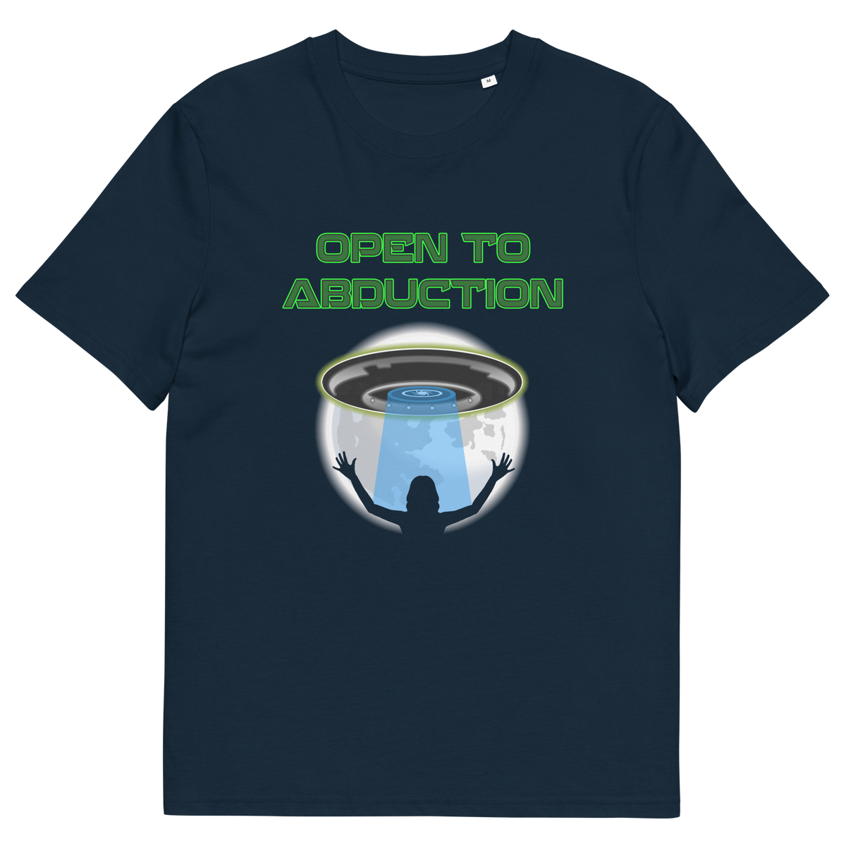 French navy t shirt. A funny alien abduction t shirt design for those who feel a distance forming between them and the rest of the human race, and are not too impressed with our lack of effort to save the planet. This funny alien t shirt design is for all those who are open to hitching a lift off this rock. This design depicts a woman open to abduction. Made from 100% organic ring-spun cotton, this alien abduction t shirt is unisex, high-quality, super comfy, and best of all, eco-friendly.