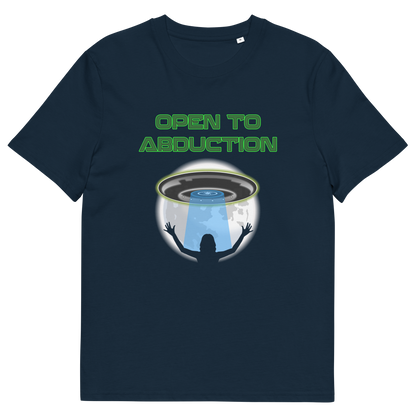 French navy t shirt. A funny alien abduction t shirt design for those who feel a distance forming between them and the rest of the human race, and are not too impressed with our lack of effort to save the planet. This funny alien t shirt design is for all those who are open to hitching a lift off this rock. This design depicts a woman open to abduction. Made from 100% organic ring-spun cotton, this alien abduction t shirt is unisex, high-quality, super comfy, and best of all, eco-friendly.