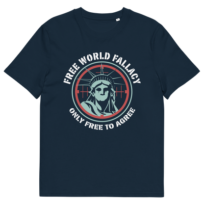 French navy t shirt. This civil liberties t shirt suggests that the 'Free World' label we give our society is a fallacy, and we are only free until we start to disagree with the status quo. This design highlights how are civil liberties are constantly being reduced and how the people's voice is being muted. Made from 100% organic ring-spun cotton, this human rights t shirt is unisex, high-quality, super comfy, and best of all, eco-friendly.