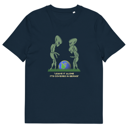 A French navy blue short-sleeve crewneck t-shirt featuring a graphic of two green aliens looking at a globe, with the text 'LEAVE IT ALONE IT'S COVERED IN GERMS' printed below.